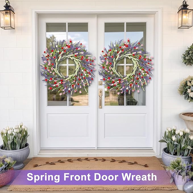 LZNPA 26 Inch Large Lavender Wreath for Front Door Greenery Summer Spring Wreaths for Front Door Wreaths for Front Door All Seasons for Wedding Farmhouse Wall Porch Window Decor(Red Pink Lavender)