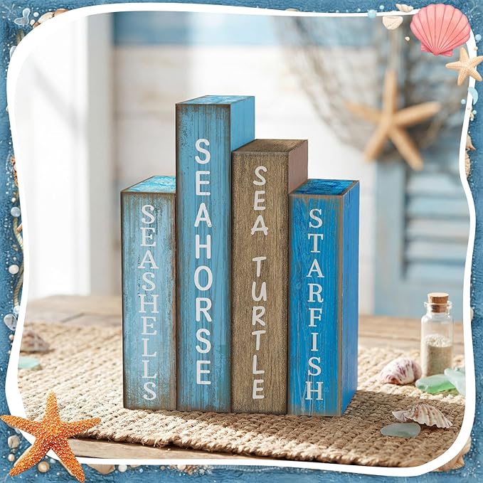 Lineshading 4 Pcs Summer Table Decoration Wooden Book Coastal Beach Decoration Blue and White Summer Tiered Tray Decor Wood Book Sign Farmhouse for Ocean Party Home Shelf Coffee Table