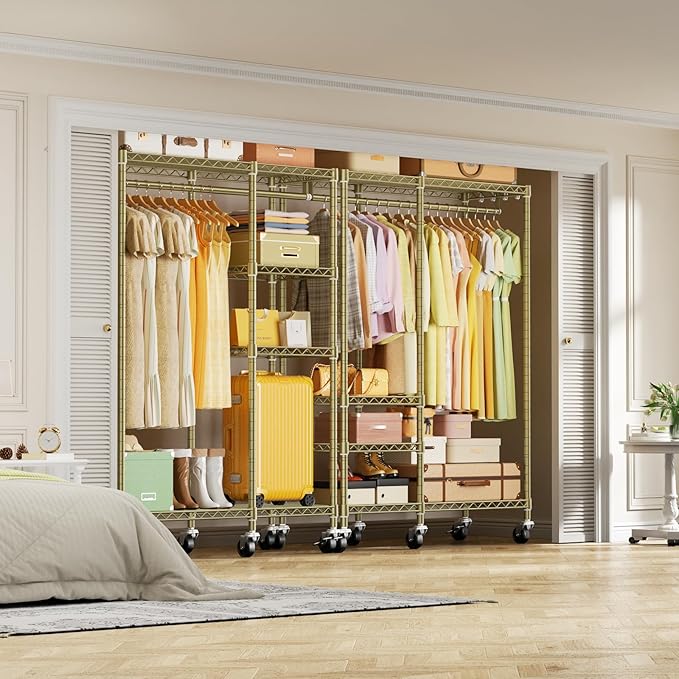 Ulif F4R Heavy Duty Clothes Rack(With Lockable Wheels )Rolling Clothing Racks for Hanging Clothes，Adjustable Closet Organizer System，Portable Garment Rack 45"W x 15.8"D x 73.5"H，Max Load 650LBS,Gold