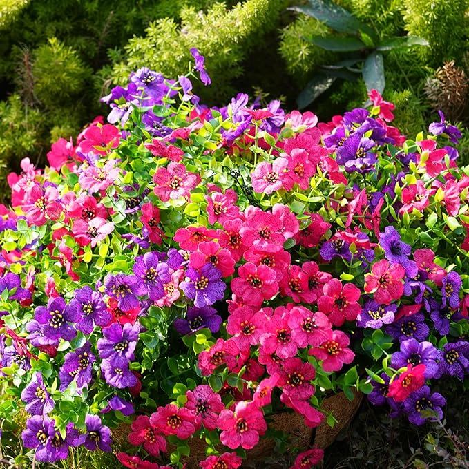 Artificial Flowers for Outdoor, UV Resistant Fake Silk Flowers, Realistic Faux Plants for Outside Indoor Porch Patio Window Box Planter Home Decor (14, Yellow Purple Rosy Red)