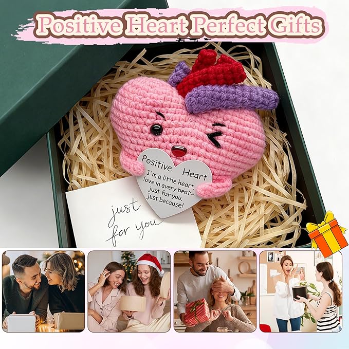 Emotional Support Positive Crochet Heart Handmade Gift and Desk Decor, Encouragement Present for Women Mother's Day Birthday Valentine's Day Galentines Multiple Holidays(Positive Heart)