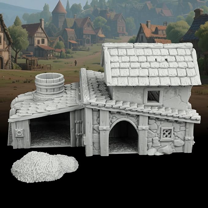 Unpainted 3D Printed Tabletop RPG Terrain–25 Scale Map Props for Trench Crusade & DND Bundle,Gable Roof Medieval Residence Scenery – Medieval Village F AF1124F