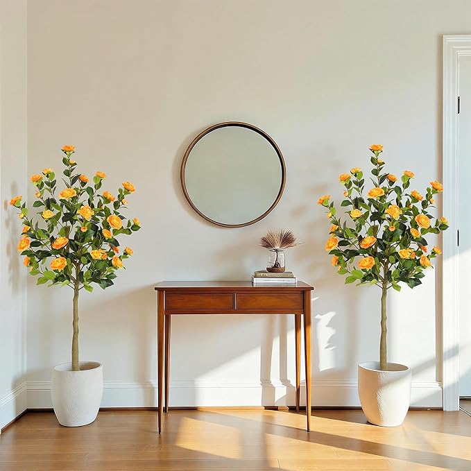 Bellacat 5ft Artificial Camellia Tree with Silk Orange Flowers, 60in Faux Camellia Plant with Lifelike Trunk, Fake Flower Tree Potted Front Door Plants for Porch Patio Deck Living Room Decor, 2Pack