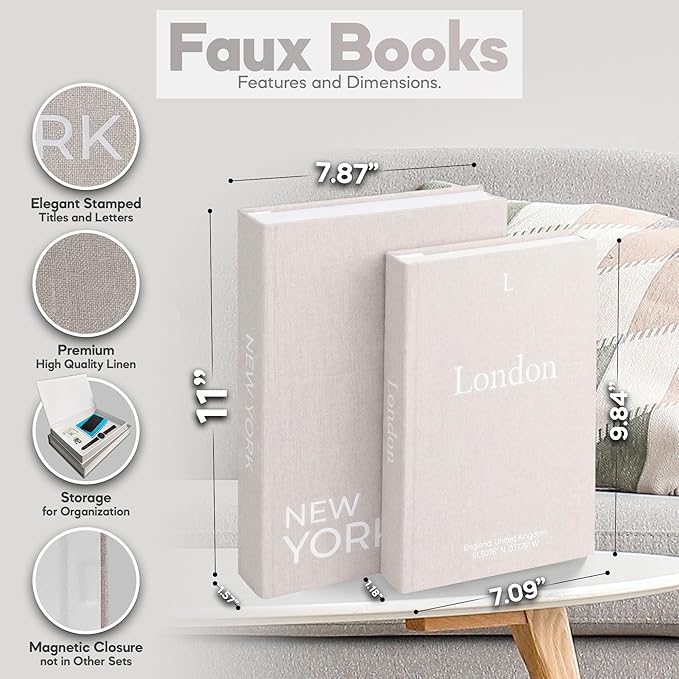 Faux Book Storage Box Set of 2—Beige/Beige—Decorative Faux Books with Hidden Storage for Coffee Table Decor, Bookshelf or Mantle—Linen Decorative Boxes—Aesthetic Book Decor for Home