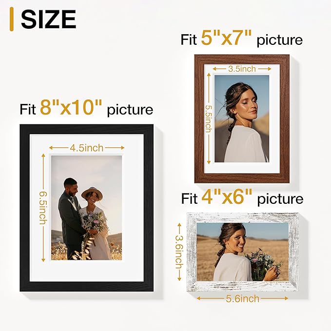 Vittanly 15 Pack Picture Frames Collage Wall Decor for Mounting or Tabletop Display, Gallery Frame Set Including 3pcs 8x10, 6pcs 5x7, 6pcs 4x6, Black, Walnut Brown and Distressed White