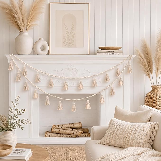 Janinka Tassel Garland Boho Classroom Decor Macrame Wooden Bead Garlands Wood Beads Banner with Tassels Boho Wall Hanging Banner for Classroom Bedroom Nursery Home Decoration(Classic Color)