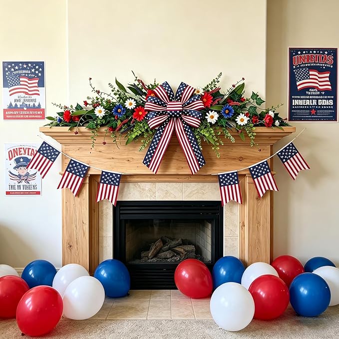 4th of July Patriotic Floral Swag Artificial Red White and Blue Independence Day Front Door Daisy Flowers Twigs Swag Memorial Day 250th Anniversary Veterans Day Decor for Arch Wall Home Door Decor