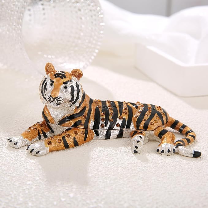 Hand Painted Trinket Box for Home Decor Accents, Enamel Hinged Jewelry Box for Bookshelf Office Table Desk Decoration, Classical Figurine Collectible Keepsake Animal Sculptures (Lying Tiger)