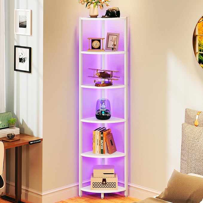 Corner Shelf with LED Lights, 6-Tier Corner Bookshelf, 66'' Organizer Book Shelf Shelves Steel Frame Display Stand with Living Room, Bedroom, Study, White