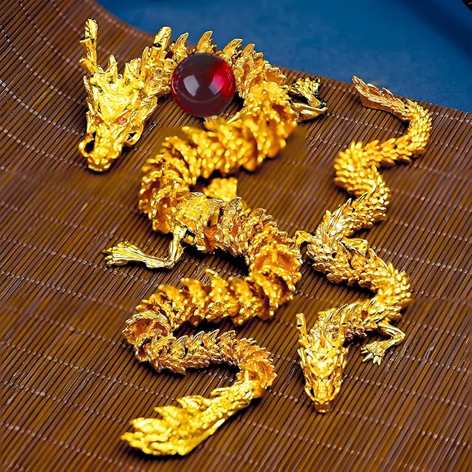 LIYAOLI Golden 3D Articulated Dragon 2024 Chinese Statue - 15 Inch Brass Gold Luck Dragon for Home Office Desk Decoration With Red Gemstone Bead