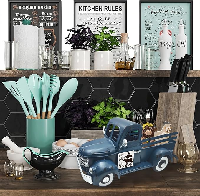 4th of July Decorations 13.4 Inch Farmhouse Vintage Truck with 20 Magnets Sign Interchangeable Seasonal Decor Rustic Metal Pickup Independence Day Patriotic Centerpieces for Home, Dark Blue