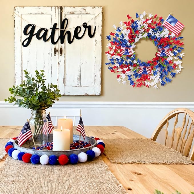 GTIDEA 24'' Patriotic Wreaths for Front Door, American 4th of July Wreath on Grapevine with Red White and Blue Forsythia Flag Bowknot Summer Wreaths for Home Wall Memorial Day Independence Day Decor