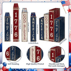 Lineshading 4 Pcs 4th of July Table Decoration Wooden Book 1776 God Bless America Decor Patriotic Tiered Tray Decor Farmhouse Red White and Blue American Block Signs for 250th Anniversary Home Shelf