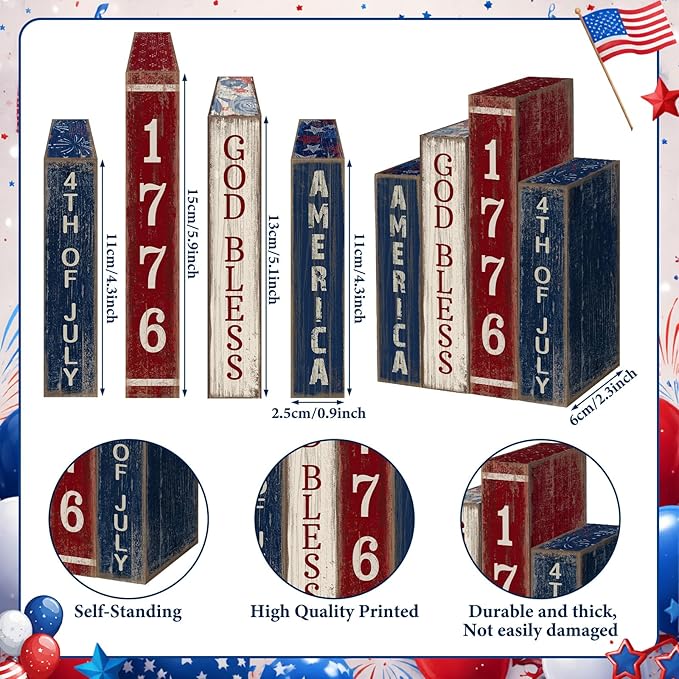 Lineshading 4 Pcs 4th of July Table Decoration Wooden Book 1776 God Bless America Decor Patriotic Tiered Tray Decor Farmhouse Red White and Blue American Block Signs for 250th Anniversary Home Shelf
