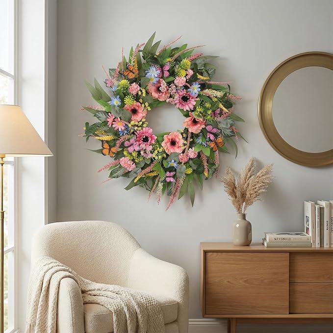 Wreaths for Front Door 26 Inch Spring Summer Wreath with Eucalyptus Leaves Pink Blooms Butterfly,for Year-Round Use Indoors and Outdoors as Wall, Door, Window, Party and Wedding Decorations