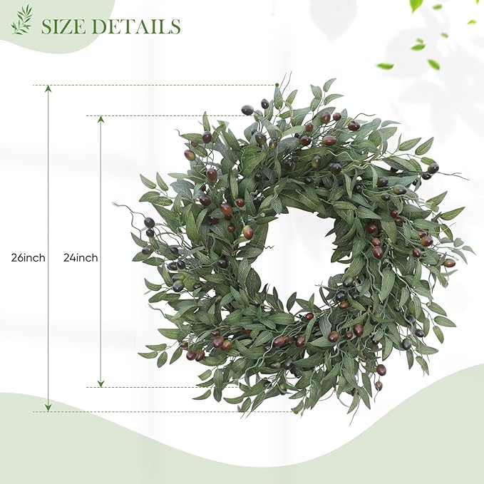 Olive Wreath 26 Inch Wreaths for Front Door with Purely Handmade Realistic Dense Olive Leaf Olive Berry, Elegant Home Decor Wreath Ideal for Front Door, Hallways, Any Area You Want to Brighten