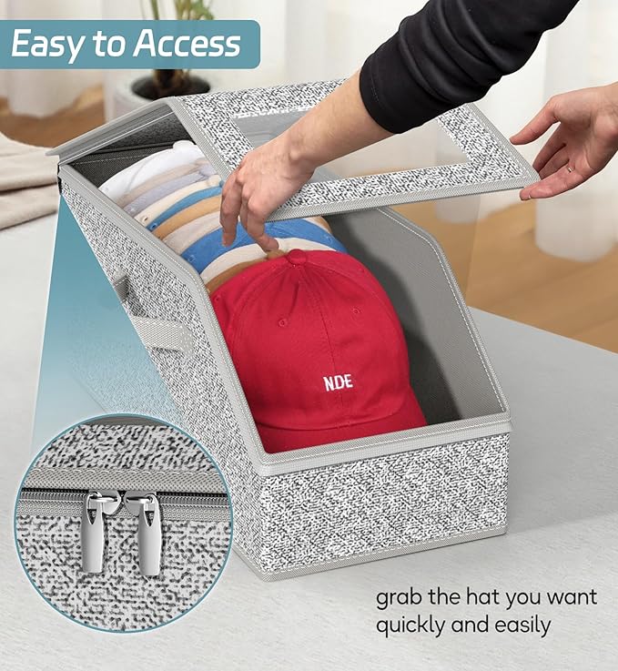 AOODA 2 PCS Stackable Hat Storage for Baseball Caps, Holds up to 24 Caps Hat Organizer for Closet, Sturdy Snapback Boxes for Men with Cardboard, Grey