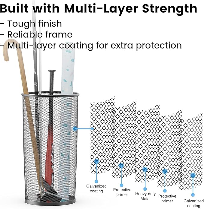 19.5" H Mesh Umbrella Stand - Ventilated Mesh Umbrella Holder for Entryway - Extra Capacity Storage for Umbrellas Canes & More - Freestanding Indoor Organizer 10.4" L x 10.4" W x 19.5" H - 4P Black