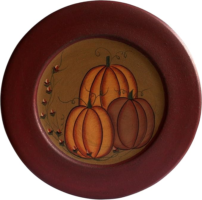 CVHOMEDECO. Primitive Antique Pumpkin Painted Wood Decorative Plate Halloween Display Wooden Plate Home Décor Art, 9-3/4 Inch