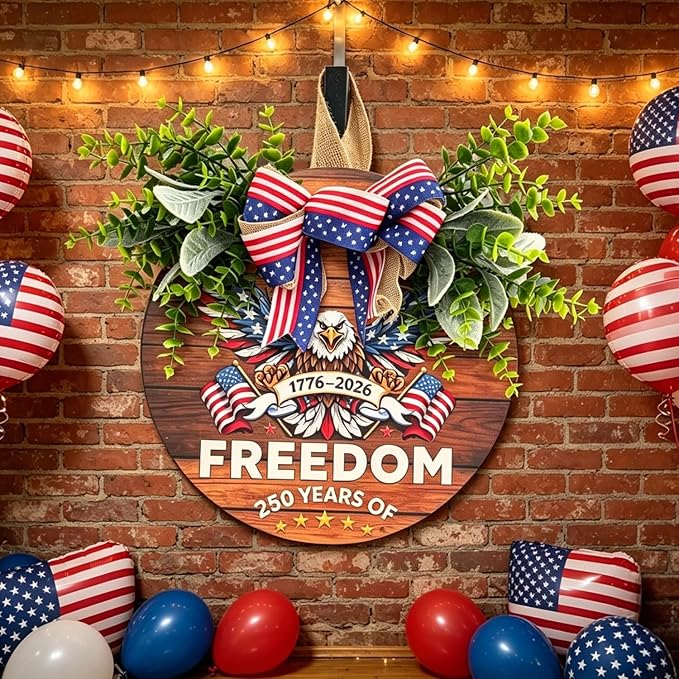 250th Anniversary Patriotic Wreath for Front Door, 250 Years of Freedom Wooden Door Sign, 4th of July Decorations Outdoor & Memorial Day Decor for Home (Color-Freedom2)