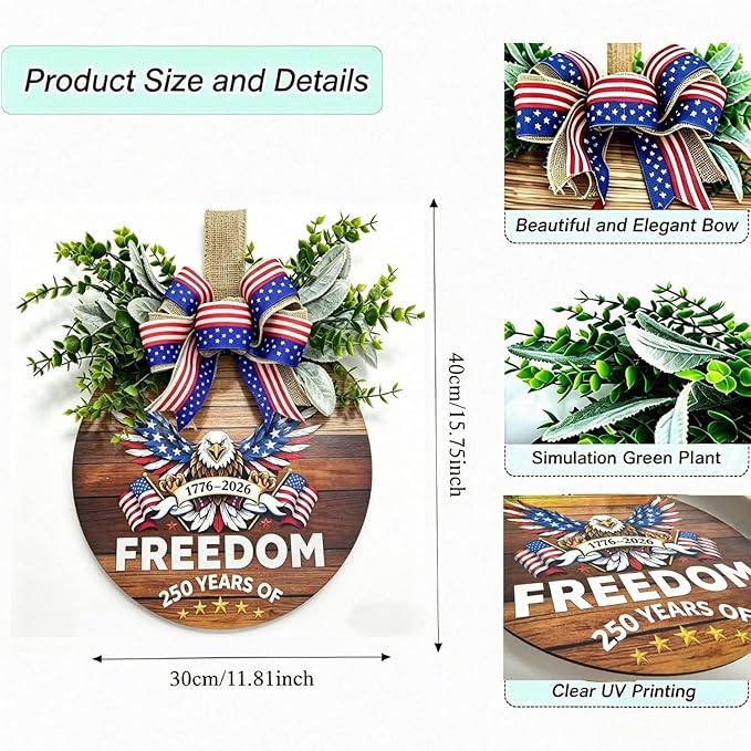 250th Anniversary Patriotic Wreath for Front Door, 250 Years of Freedom Wooden Door Sign, 4th of July Decorations Outdoor & Memorial Day Decor for Home (Color-Freedom2)