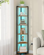 Hzuaneri Corner Shelf with LED Light, 6-Tier Corner Bookshelf, Tall Narrow Display Bookcase with Metal Frame, Standing Shelf for Small Space, Living Room, Home Office, Bedroom, Rustic Brown CS66601B