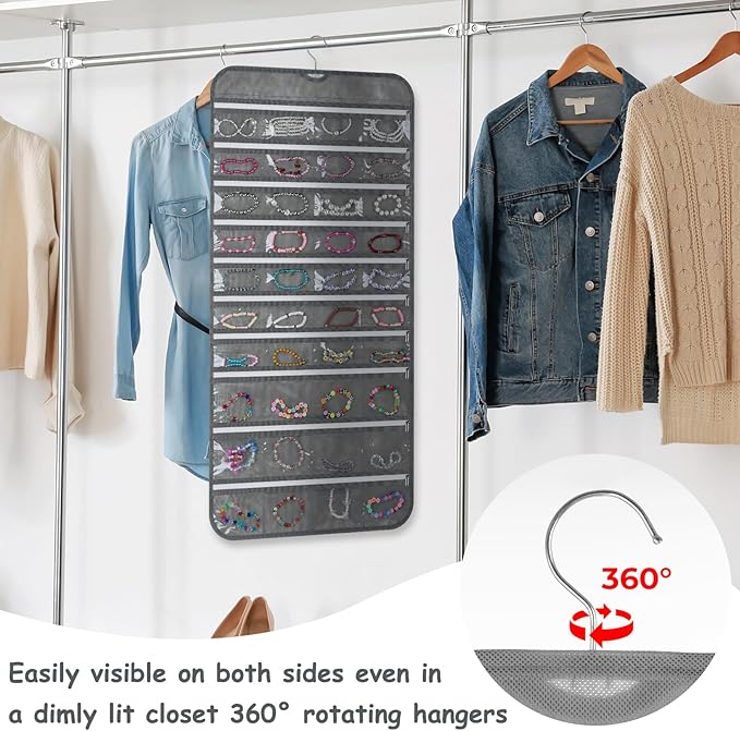 2 Pack Zippered Pocket Hanging Jewelry Organizer Dual-Sided Zipper Jewelry Holder Hanging Storage Organizer for Holding Earrings Bracelets Rings, Each with 80 Zippered Pockets