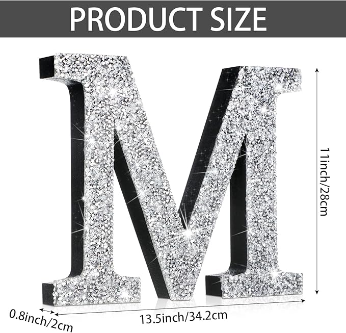 Qunclay 12'' Silver Crystal Diamond Bling Letters Crushed Diamond Decoration Wooden Glitter Letter with Screw and Hooks Rhinestone Gift for Wedding Y2k Mcbling Bedroom Wall Decor (Letter M)
