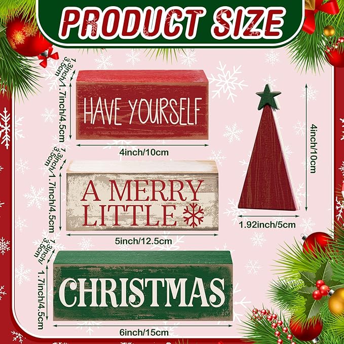 Moucuny 4 Pcs Christmas Decor Wooden Christmas Tree Winter Tiered Tray Decor Xmas Table Centerpiece Rustic Decorative Tree Block Signs Gift Farmhouse Winter Table Decoration for Home Kitchen