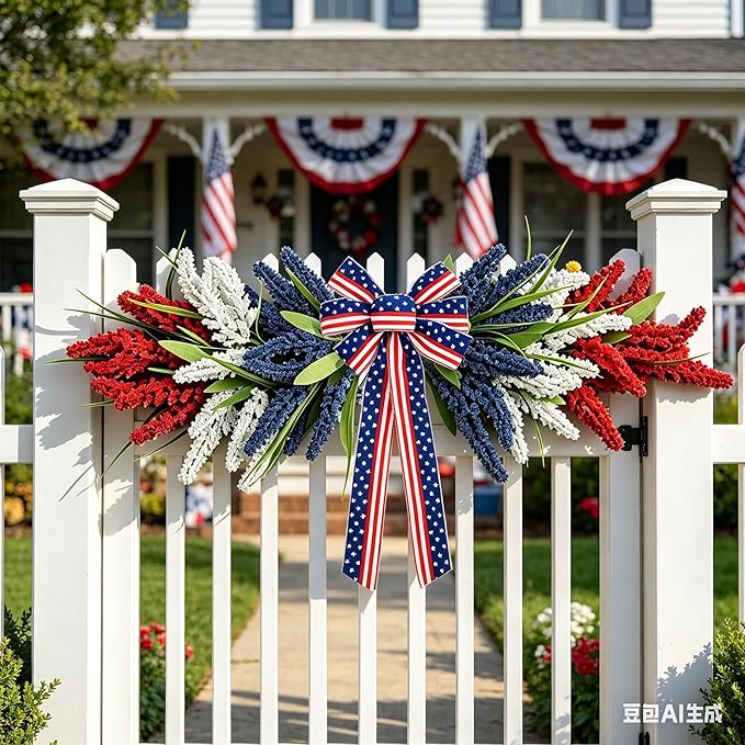21'' 4th of July Large Swag Wreath for Front Door Red White and Blue Wheat Sheaf Artificial Independence Day Teardrop Swag for Farmhouse Kitchen Cabinet Porch Wall Window Memorial Day Arch Decoration