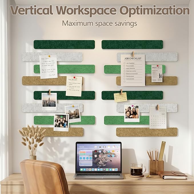 Cork Board for Walls - 8 Pack Felt Pin Board Bar Strips - Self-Adhesive Lightweight Bulletin Board - Cork Board for Office with 40 Push Pins No Damage for Wall