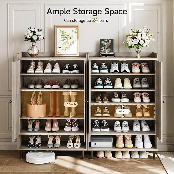 Grey 7+1 Tier Farmhouse Shoe Storage Cabinet - 45" Tall Entryway Organizer with Cross Molding Doors, 3 Adjustable Shelves & Metal Legs, Shoe Rack for Front Door Entrance