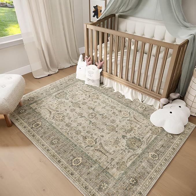 Washable 4x6 Rugs for Living Room, Boho Non-Slip Vintage Distress Small Rugs for Bedroom Nursery Office, 0.3" Neutral Oriental Throw Thin Carpet with Cushioning Pad, Flaxen/Brown/Multi