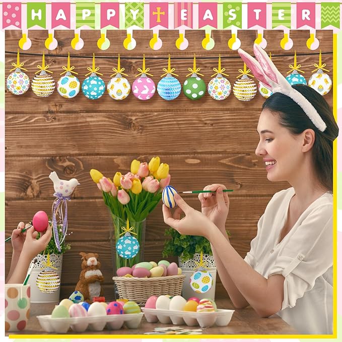 Zeyune 16 Pcs Easter Tree Ornaments for Small Tree Easter Egg Bunny Decorations Hanging Sequin Balls Ornaments for Home Seasonal Holiday Party