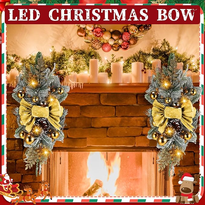 Lyrow 4 Pcs Cordless Prelit Christmas Artificial Swags 24" Xmas Stairway Swag Teardrop Trim Christmas Staircase Decoration Battery Operated Garland Indoor Outdoor Railing Decor (Chic Style)