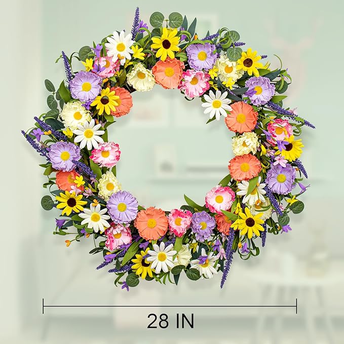 VioletEverGarden 28 Inch Spring Wreaths for Front Door Large Spring Wreath 6 Colors Floral Wreath with Lavender Daisy and Eucalyptus for Indoor Outdoor Holiday Celebration