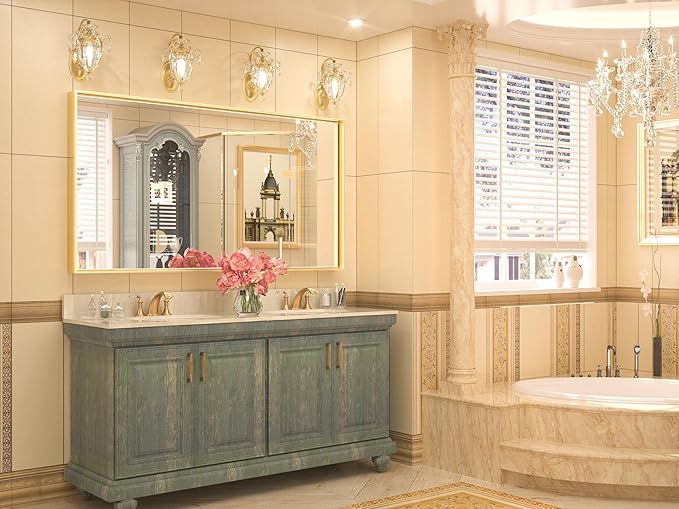Keonjinn Gold Bathroom Mirrors for Wall 48 x 24 Inch Brushed Gold Frame Rectangular Vanity Mirror Large Metal Framed Farmhouse Mirror for Bathroom Sink Modern Full Length Mirror(Horizontal/Vertical)