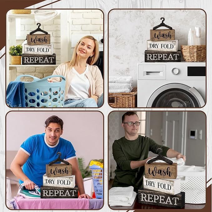 Moucuny 4 Pcs Farmhouse Laundry Room Decor Stacked Blocks, Wash Dry Fold Repeat Wooden Sign Set with Vintage Hanger - Rustic Home Shelf Decor for Laundry Area Housewarming Gift