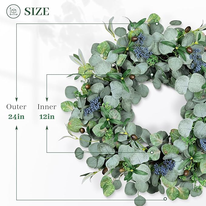 24Inch Eucalyptus Wreath Set of 2, Large Eucalyptus Wreath for Front Door with Olive Leaves and Berries for All Seasons, Spring Summer Year Round Wreaths for Front Door Indoor Outdoor