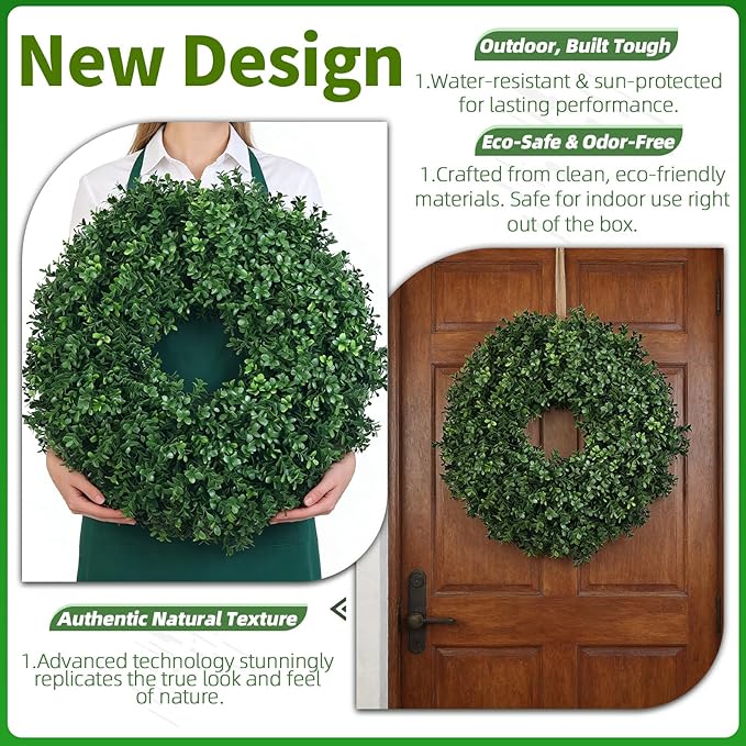 24 Inch Artificial Boxwood Wreath for Front Door – Lush Green Leaf Wreath for All Seasons, Faux Boxwood Door Decor for Farmhouse, Porch, Wall, and Indoor Outdoor Home Decoration (1, 24 Inch)