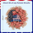 24Inch 4th of July Wreath, Patriotic Burlap Wreath for Front Door,Stripe and Stars Wreaths for USA 250th Anniversary, Memorial Day American Flag Printed Decorations for Outdoor (Flag Wreath)