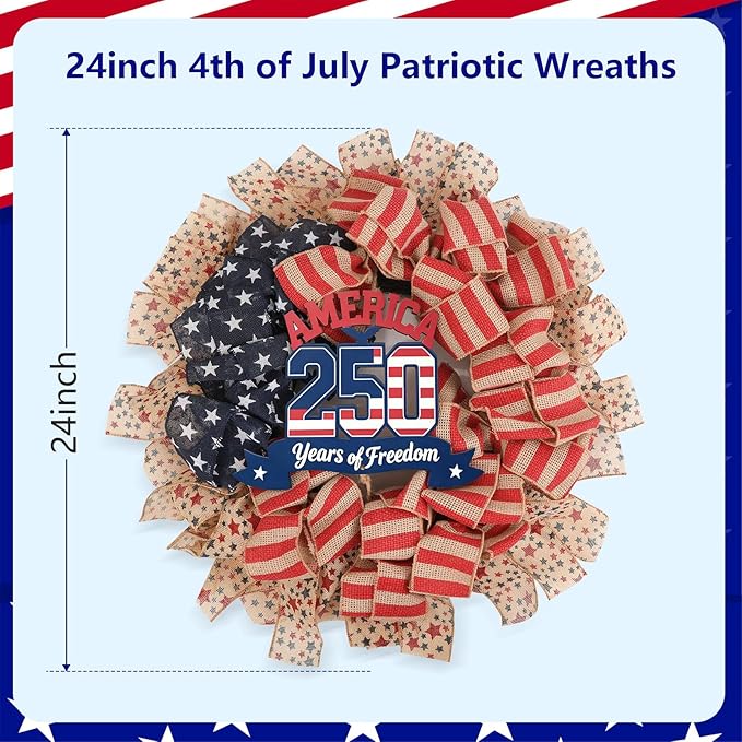24Inch 4th of July Wreath, Patriotic Burlap Wreath for Front Door,Stripe and Stars Wreaths for USA 250th Anniversary, Memorial Day American Flag Printed Decorations for Outdoor (Flag Wreath)