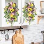 2 Pcs Spring Swags for Front Door, 23.6" Artificial Floral Teardrop Swags with Sunflowers Daisies Lavender, Spring Porch Decor Swag for Farmhouse Wall Window Cabinet Easter Decorations
