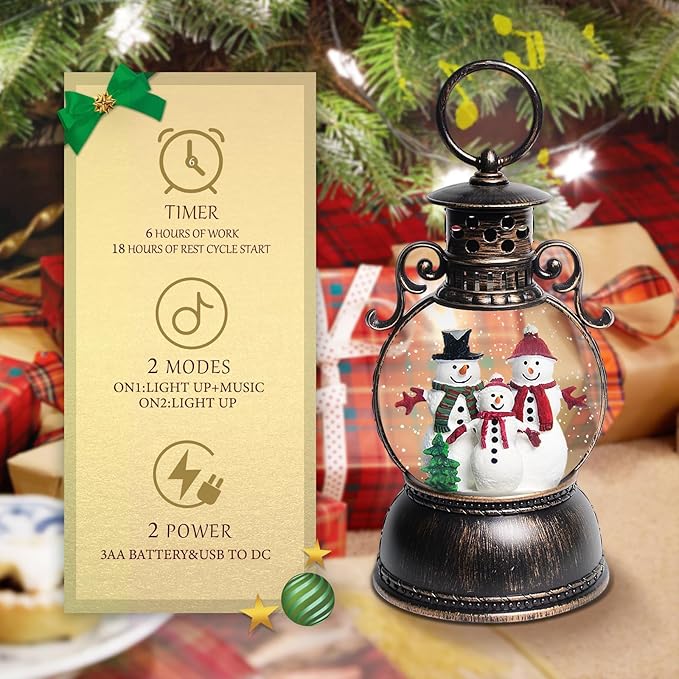 Christmas Snow Globes, Christmas Snowman Snow Globes Lantern with 8 Songs, 6H Timer Battery & USB Powered Glitter Music Box for Christmas Table Decorations Home Decor