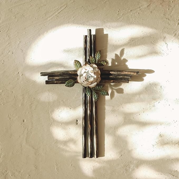 Synovana Wall Cross, Rustic Metal Cross Wall Decor with White Rose, Inspirational Christian Wall Crosses for Home Decor, Crucifix Gift
