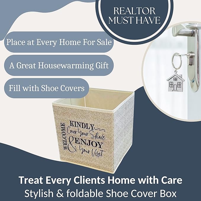 Shoe Cover Box - Welcome Guests to Please Cover Shoes. Indoor Foldable Storage Bin to Fill w/your Favorite Booties. For Homeowner, Real Estate Agent, Realtor Open House Supplies | 1 Beige & Black