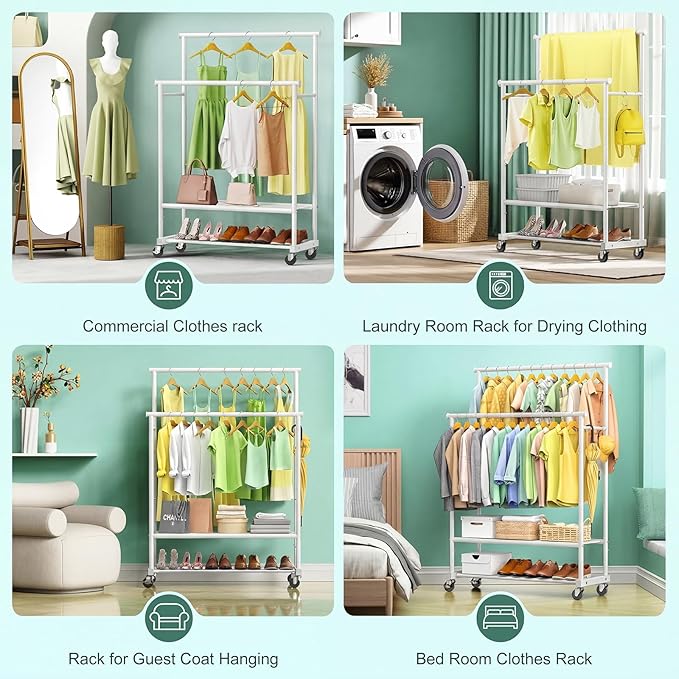 Double Rods Clothes Rack for Hanging Clothes, Heavy Duty Rolling Clothing Rack with Wheels, Freestanding Garment Racks with Oxford Bottom Shelf and Mesh Bottom Shelf for Bedroom Laundry Living Room