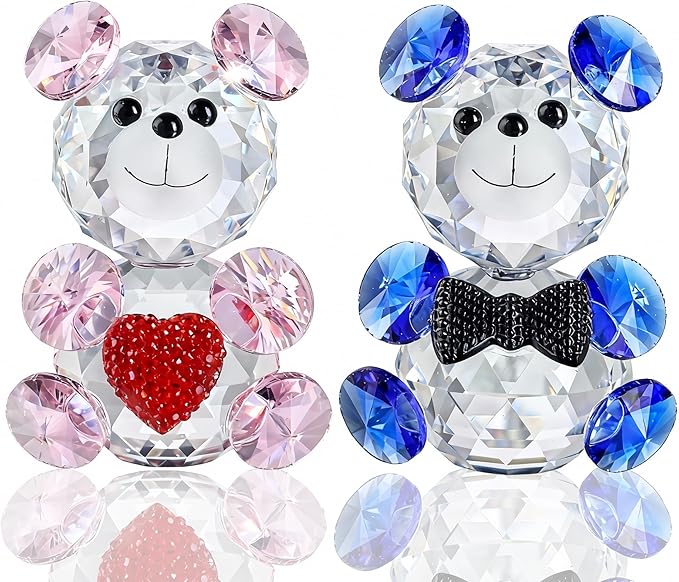 HDCRYSTALGIFTS 2pcs Crystal Bear Figurine Collectibles Gift for Mom Women 2.4inch Art Glass Teddy Bear Animals Paperweight Statue Anniversary Birthday Home Tabletop Wedding Party Decor