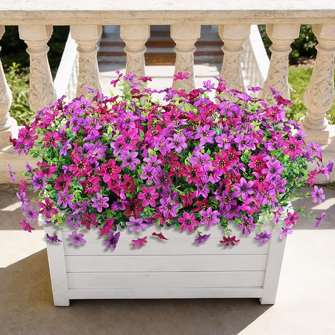 Artificial Fake Outdoor Plants Flowers for Spring Decoration, 12 Bundles UV Resistant Faux Daisy Silk Flower with Eucalyptus Stem for Outside Planters Porch Patio Yard Garden (Light Purple Fuchsia)