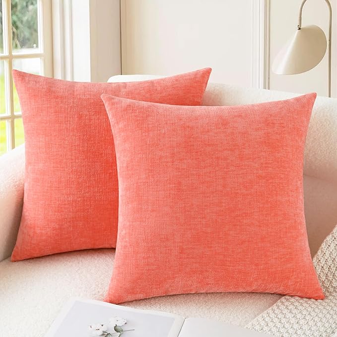 CaliTime Throw Pillow Covers Decorative 24 X 24 Inches Pack of 2 Cozy Chenille Cushion Cases for Couch Sofa Bed Living Room Home Living Coral